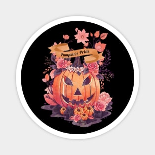 Pumpkin's Pride, Halloween with Pumpkin, Pumpkin face, with floral and orange flowers, cute Halloween Magnet